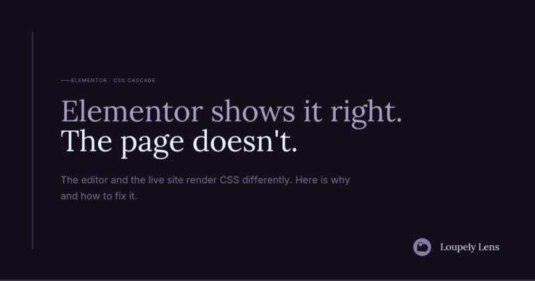 A dark background with text reading "Elementor shows it right. The page doesn't." Below that, a smaller text states, "The editor and the live site render CSS differently. Here is why and how to fix it." A logo is in the lower right corner.