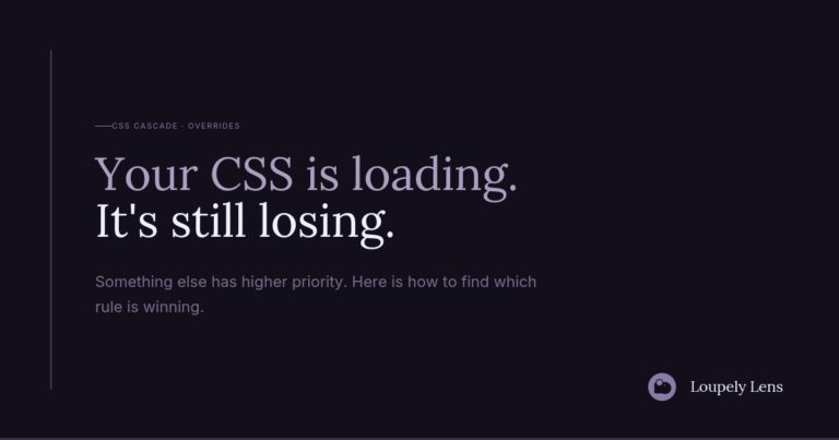 A dark background displays text. The title reads "Your CSS is loading. It's still losing." Below, a sentence explains something else has higher priority and offers guidance on finding the winning rule. The source is credited as "Loupe Lens."