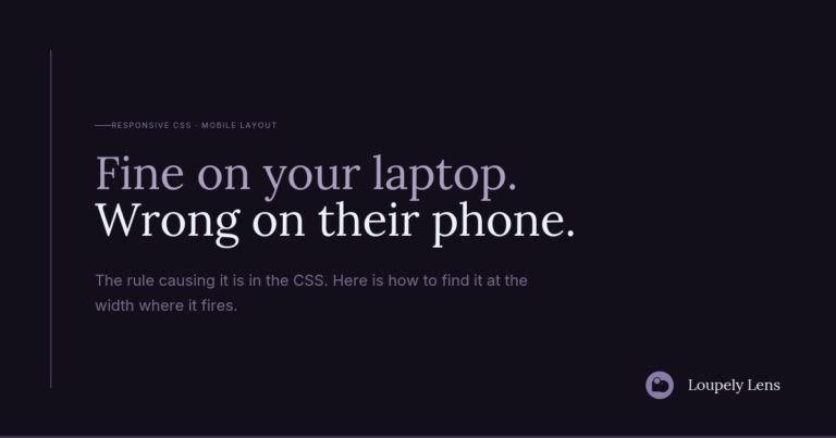 A text-heavy layout on a dark background. The heading states, "Fine on your laptop. Wrong on their phone." Below it, an explanation mentions a CSS rule. The image includes the logo of "Loupely Lens" in the bottom right.